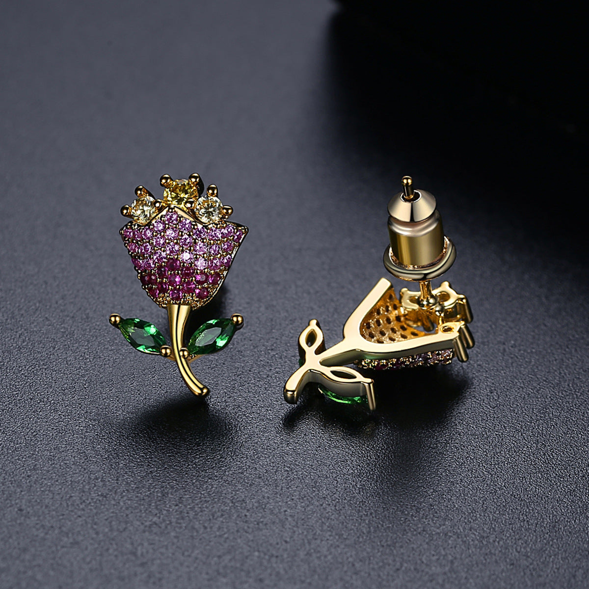 Pink Crystal & Yellow Cubic Zirconia Rose Stud Earrings