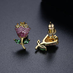Pink Crystal & Yellow Cubic Zirconia Rose Stud Earrings