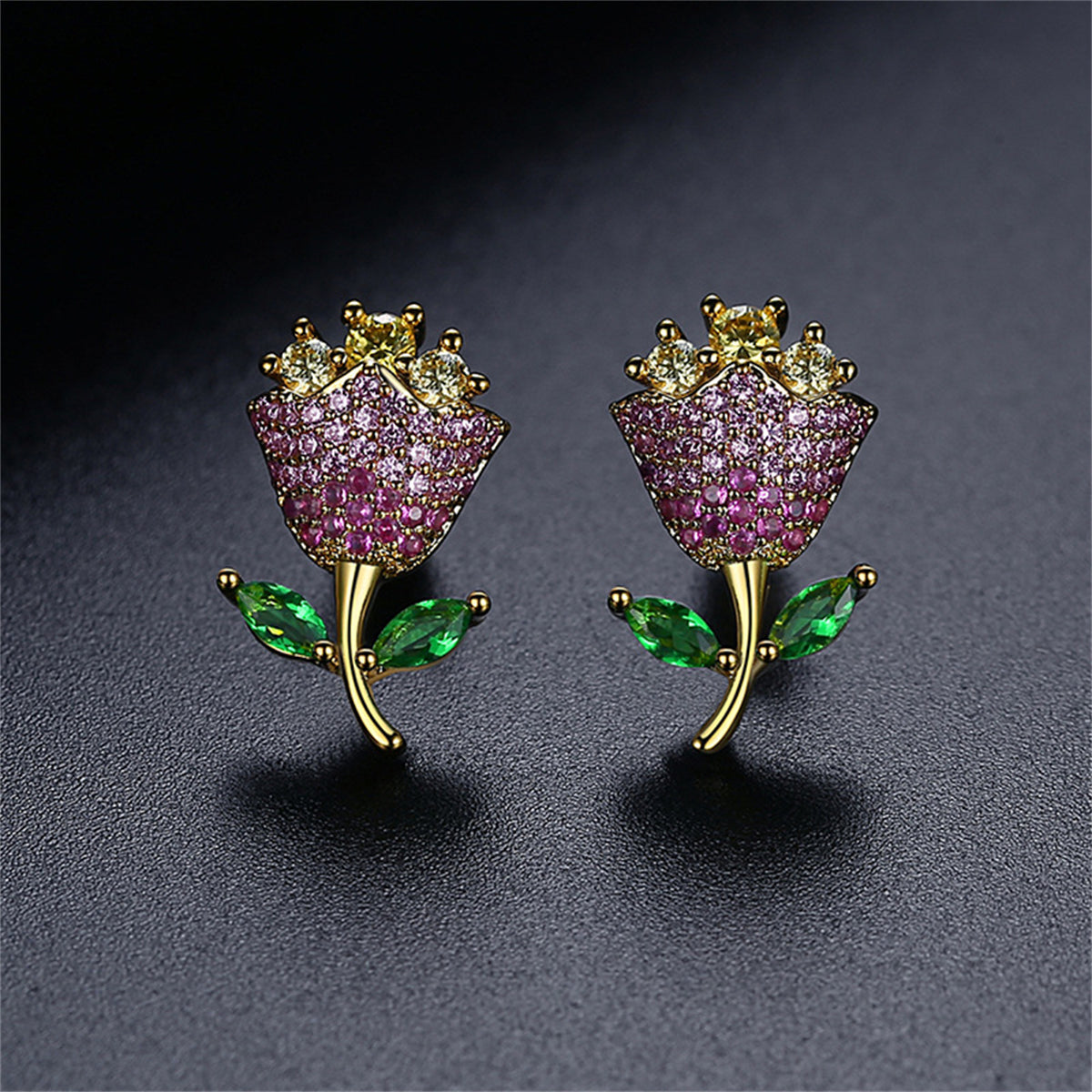 Pink Crystal & Yellow Cubic Zirconia Rose Stud Earrings