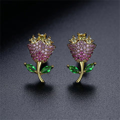 Pink Crystal & Yellow Cubic Zirconia Rose Stud Earrings