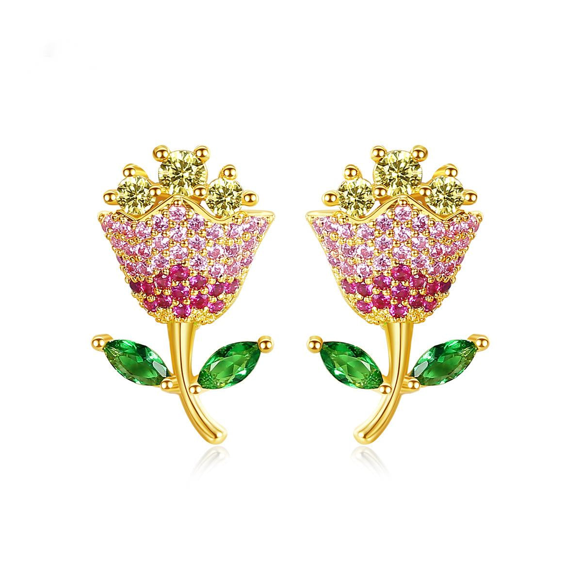 Pink Crystal & Yellow Cubic Zirconia Rose Stud Earrings