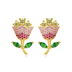 Pink Crystal & Yellow Cubic Zirconia Rose Stud Earrings