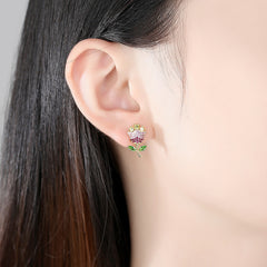 Pink Crystal & Yellow Cubic Zirconia Rose Stud Earrings