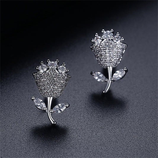 Crystal and Cubic Zirconia Rose Stud Earrings, stud earrings for women, elegant gift for her, front view