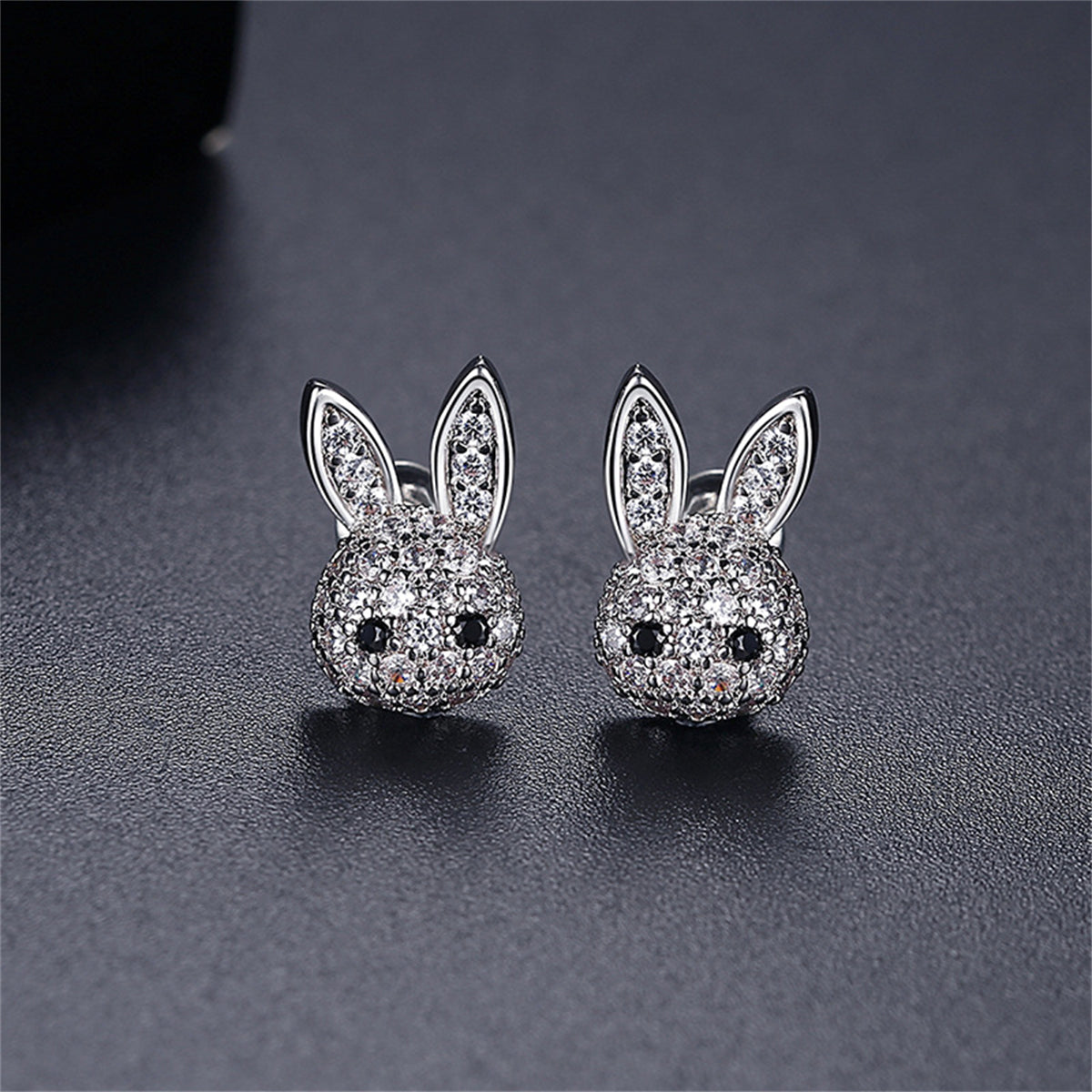 Cubic Zirconia and Silver-Plated Rabbit Stud Earrings, silver stud earrings for women, vintage-inspired design, side view
