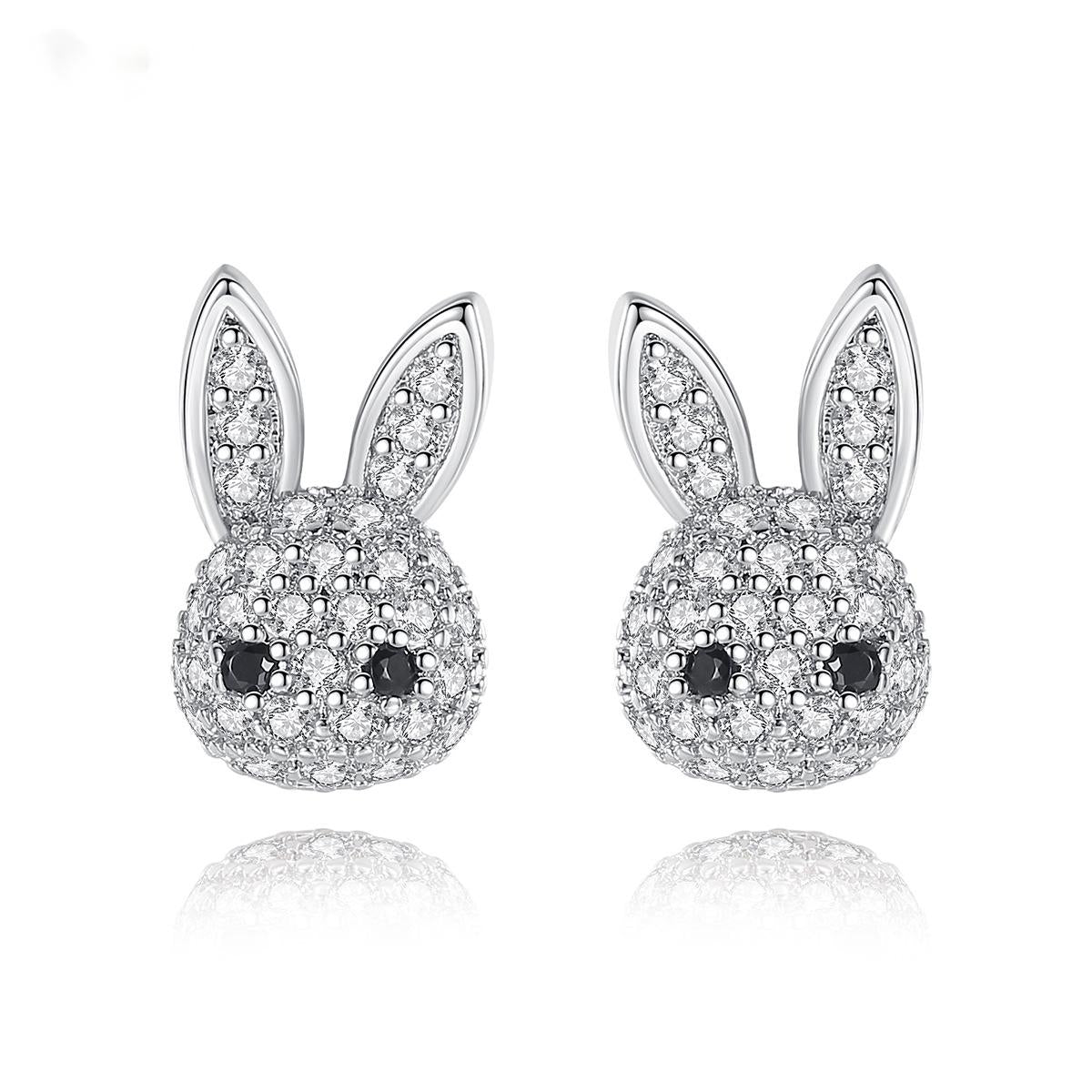 Cubic Zirconia and Silver-Plated Rabbit Stud Earrings, silver stud earrings for women, vintage-inspired design, front view