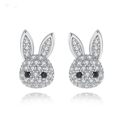 Cubic Zirconia and Silver-Plated Rabbit Stud Earrings, silver stud earrings for women, vintage-inspired design, front view