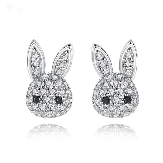 Cubic Zirconia and Silver-Plated Rabbit Stud Earrings, silver stud earrings for women, vintage-inspired design, front view
