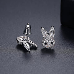 Cubic Zirconia & Silver-Plated Rabbit Stud Earrings