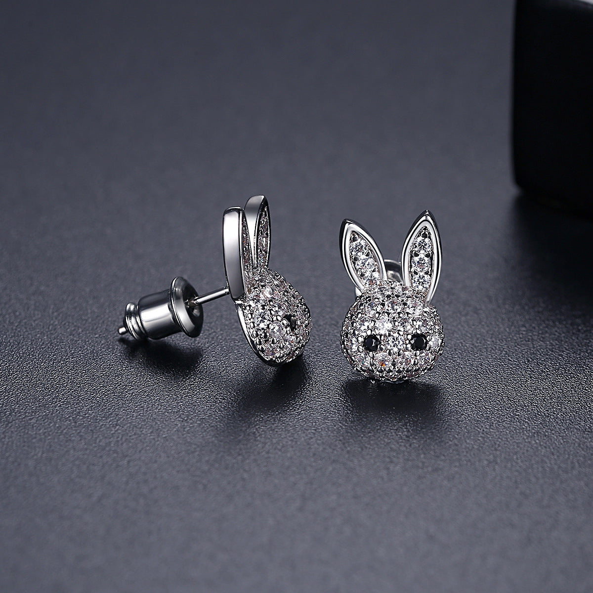 Cubic Zirconia and Silver-Plated Rabbit Stud Earrings, silver stud earrings for women, detail close-up