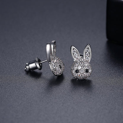 Cubic Zirconia and Silver-Plated Rabbit Stud Earrings, silver stud earrings for women, detail close-up