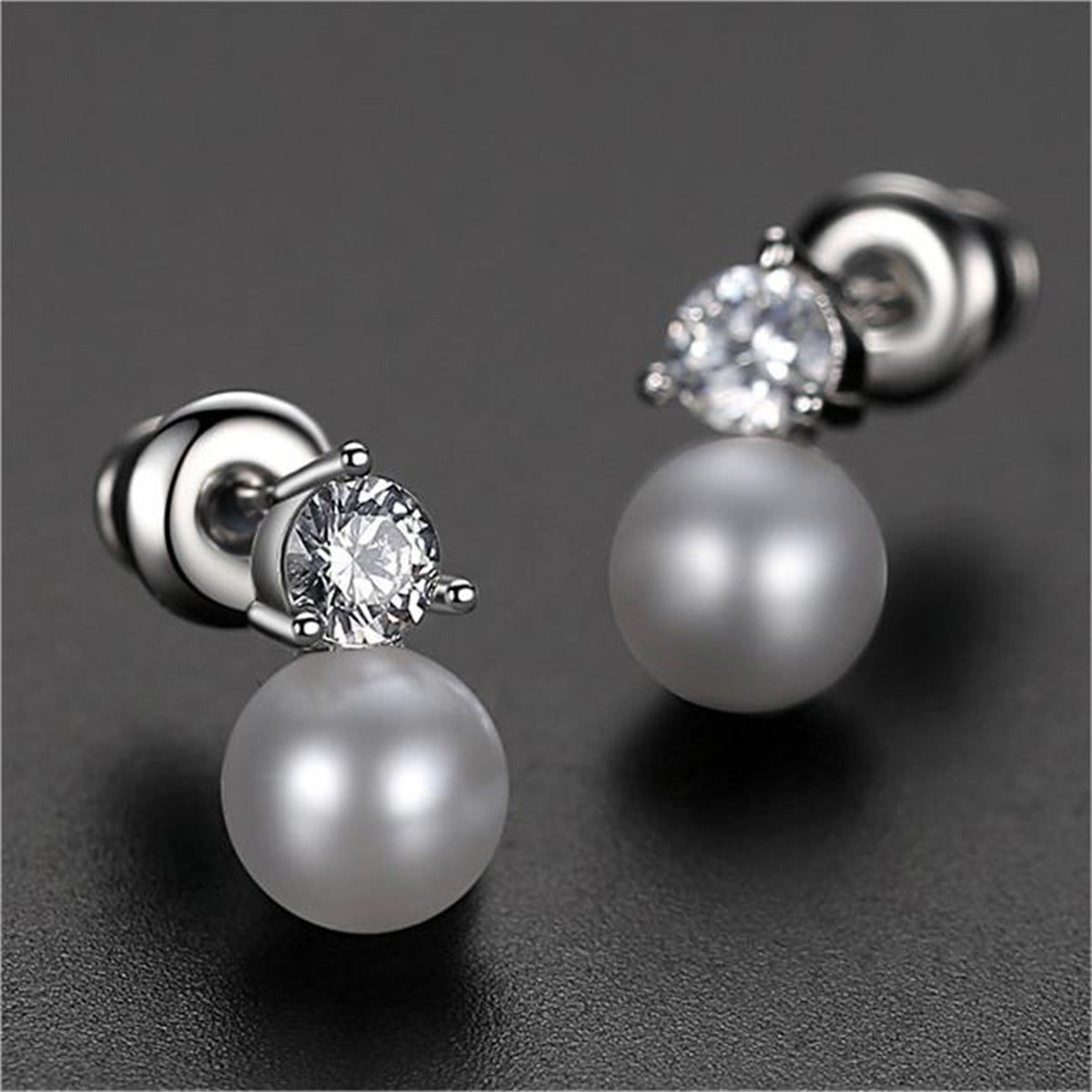 Cubic Zirconia and Pearl Round Stud Earrings, stud earrings for women, botanical inspired, front view