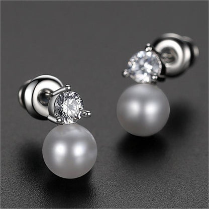 Cubic Zirconia and Pearl Round Stud Earrings, stud earrings for women, botanical inspired, front view