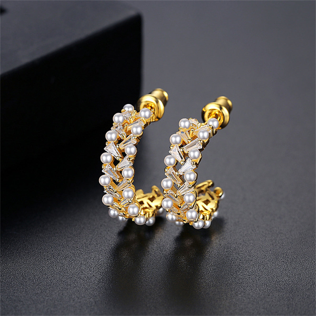 Crystal and Pearl 18K Gold-Plated C-Shape Hoop Earrings, elegant gift for her, side view