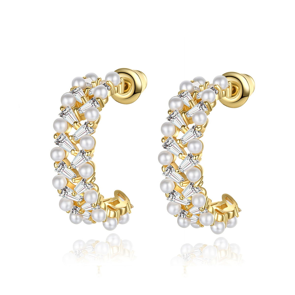 Crystal and Pearl 18K Gold-Plated C-Shape Hoop Earrings, elegant gift for her, front view