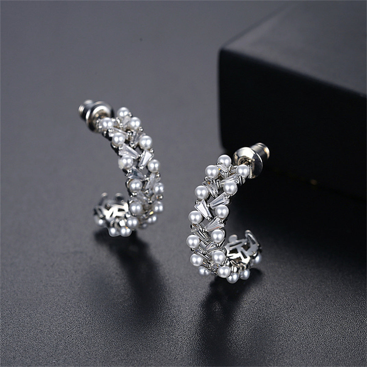 Crystal & Pearl Silver-Plated C-Shape Huggie Earrings