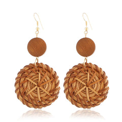 Dark Wood & Rattan Round Drop Earrings