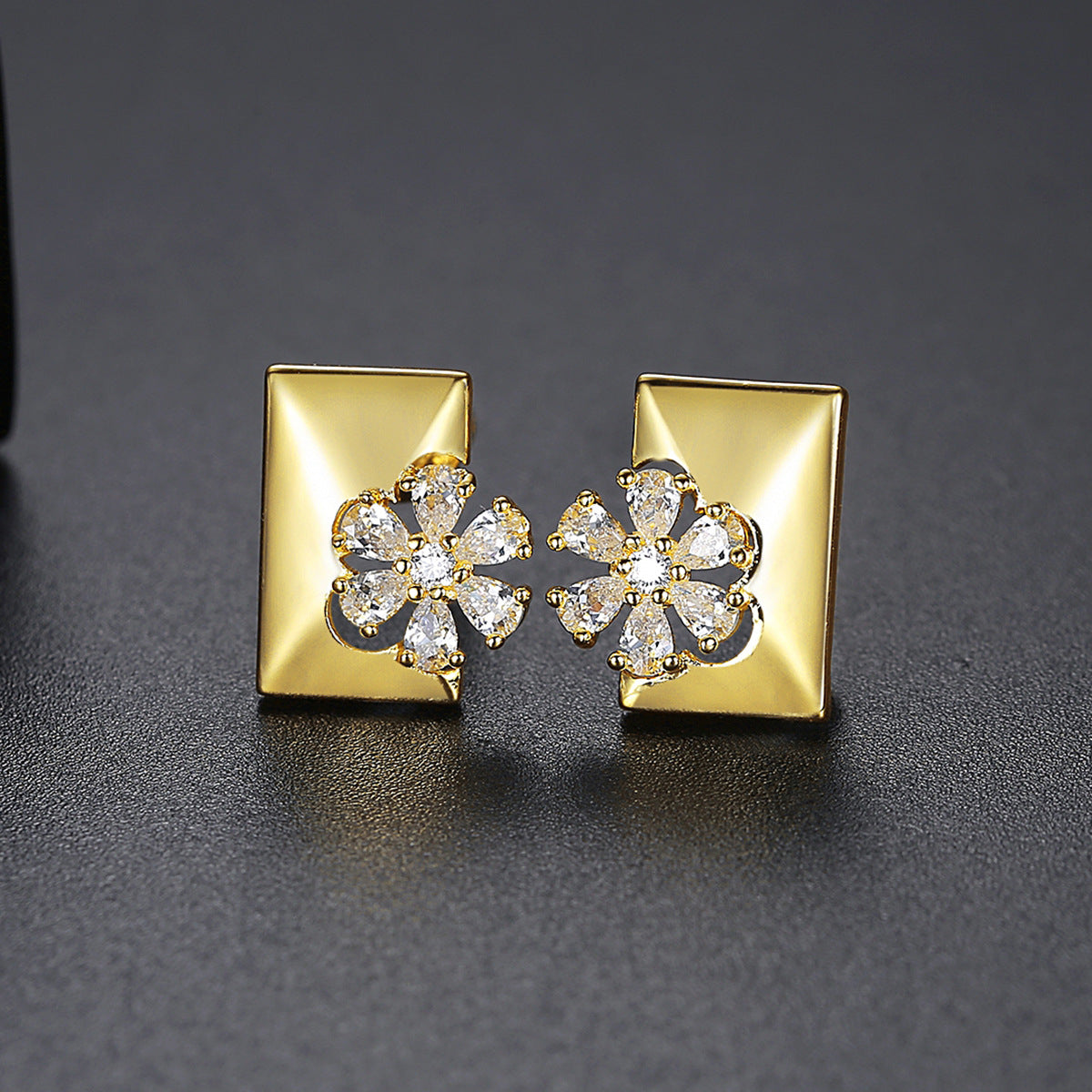 Crystal and Cubic Zirconia Floral Rectangle Stud Earrings, stud earrings for women, vintage-inspired design, side view