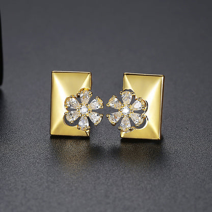 Crystal and Cubic Zirconia Floral Rectangle Stud Earrings, stud earrings for women, vintage-inspired design, side view