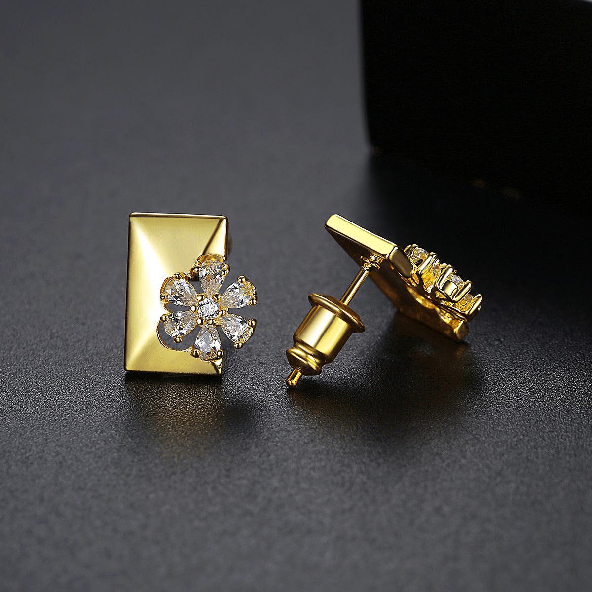 Crystal and Cubic Zirconia Floral Rectangle Stud Earrings, stud earrings for women, vintage-inspired design, detail close-up