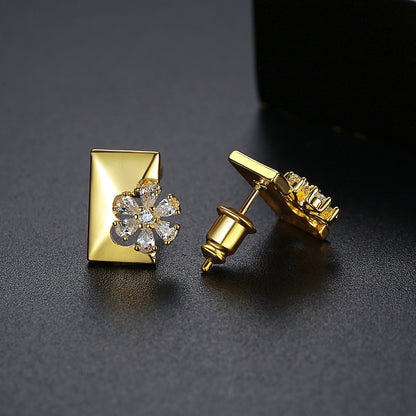 Crystal and Cubic Zirconia Floral Rectangle Stud Earrings, stud earrings for women, vintage-inspired design, detail close-up
