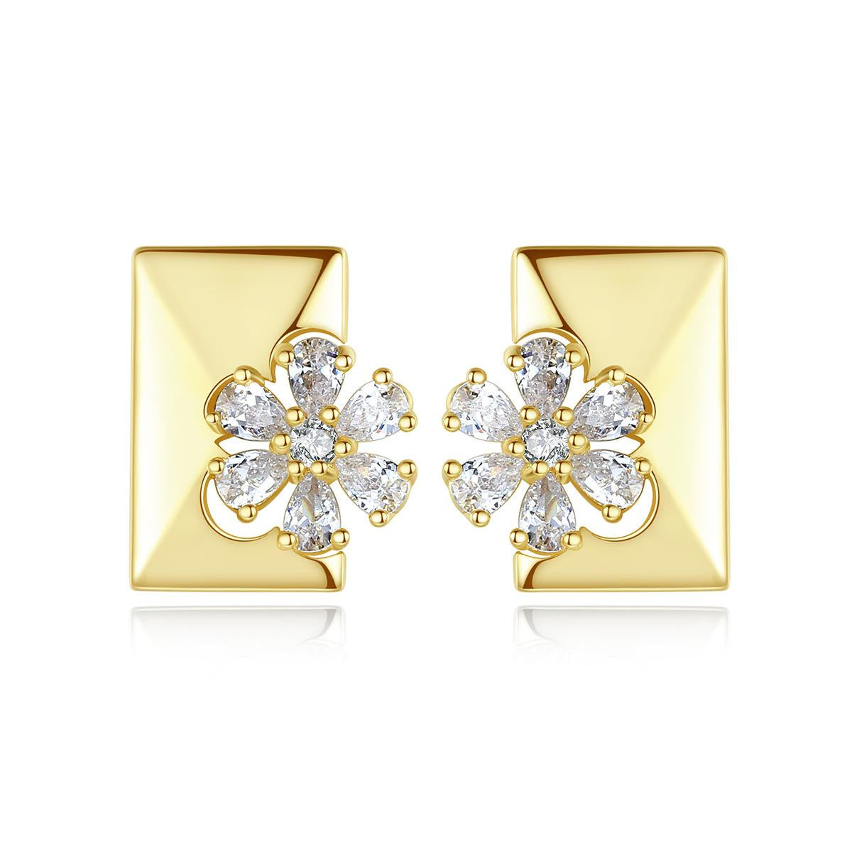 Crystal and Cubic Zirconia Floral Rectangle Stud Earrings, stud earrings for women, vintage-inspired design, front view