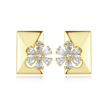 Crystal and Cubic Zirconia Floral Rectangle Stud Earrings, stud earrings for women, vintage-inspired design, front view