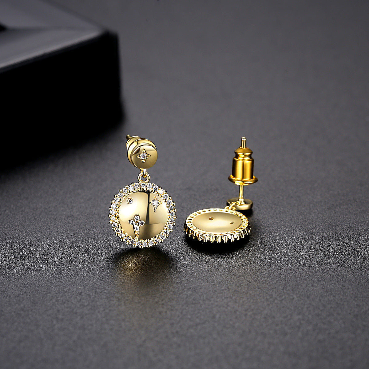 Cubic Zirconia and 18K Gold-Plated Star Round Drop Earrings, gold drop earrings for women, detail close-up
