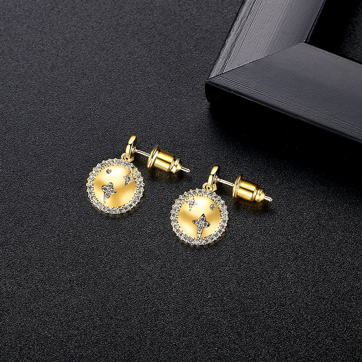 Cubic Zirconia and 18K Gold-Plated Star Round Drop Earrings, gold drop earrings for women, botanical inspired, side view