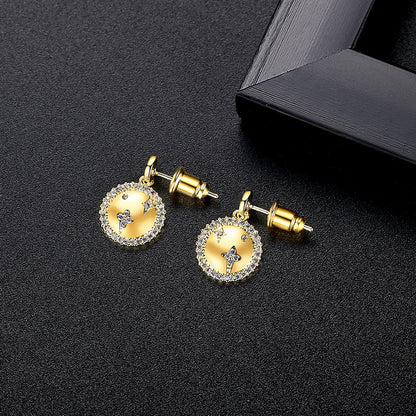 Cubic Zirconia and 18K Gold-Plated Star Round Drop Earrings, gold drop earrings for women, botanical inspired, side view