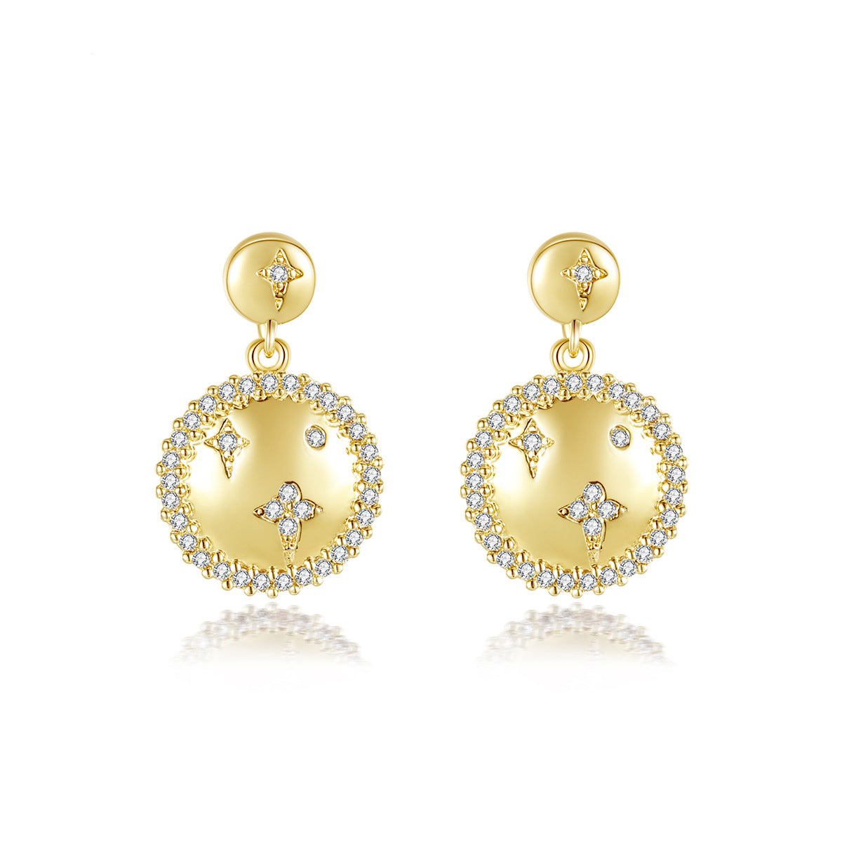 Cubic Zirconia and 18K Gold-Plated Star Round Drop Earrings, gold drop earrings for women, botanical inspired, front view