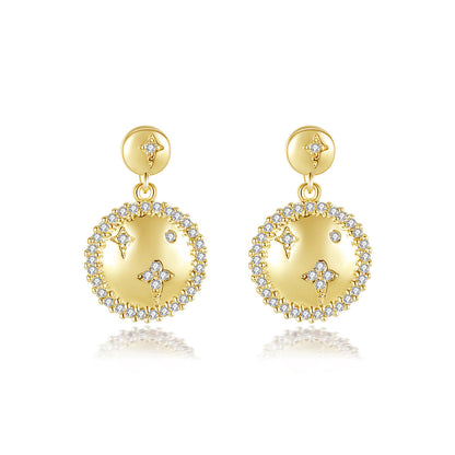 Cubic Zirconia and 18K Gold-Plated Star Round Drop Earrings, gold drop earrings for women, botanical inspired, front view