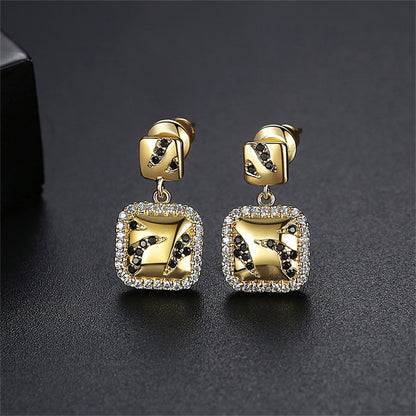 Black Cubic Zirconia and 18K Gold-Plated Halo Square Drop Earrings, gold drop earrings for women, front view