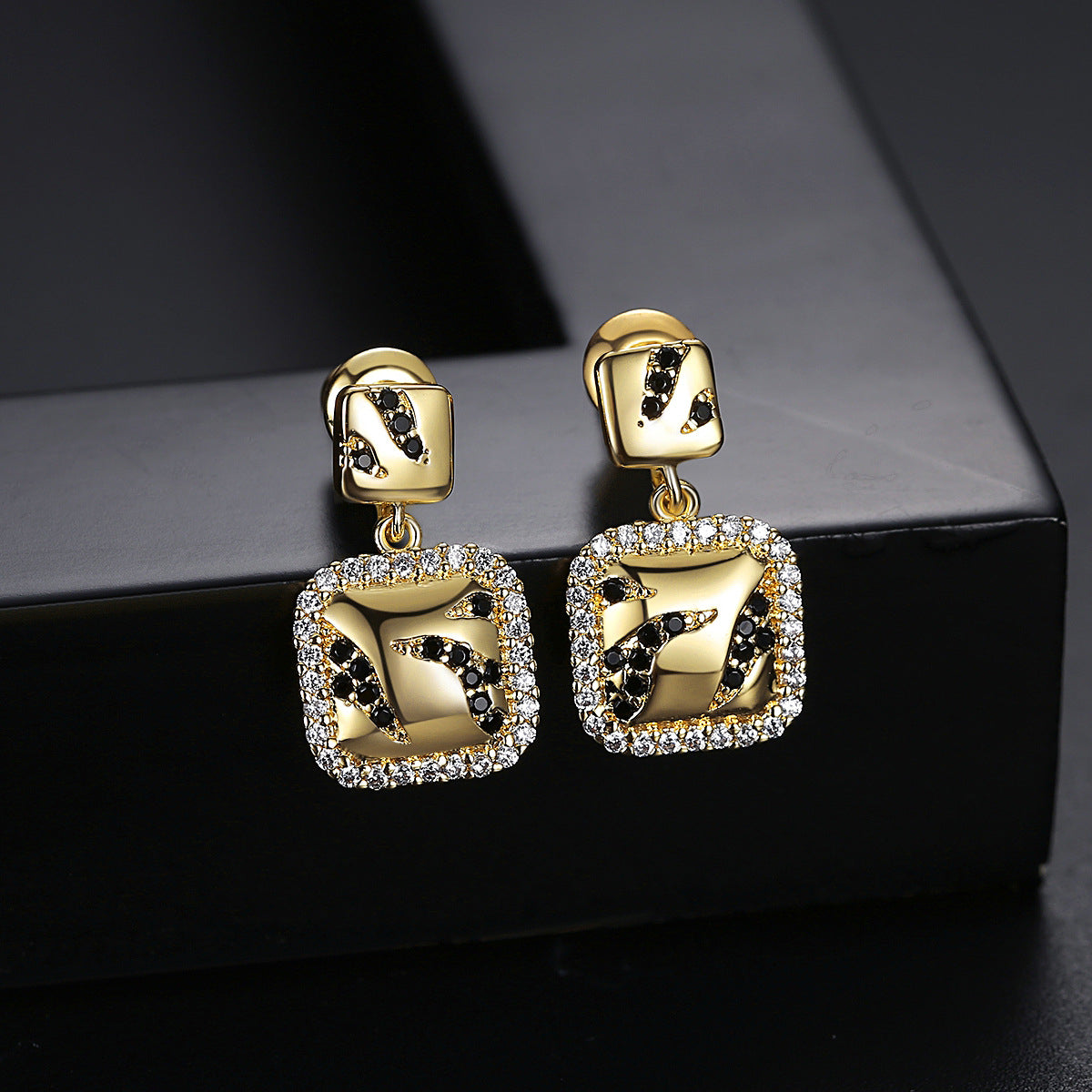 Black Cubic Zirconia and 18K Gold-Plated Halo Square Drop Earrings, gold drop earrings for women, side view