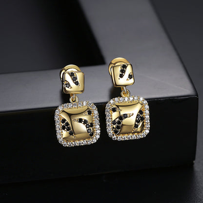 Black Cubic Zirconia and 18K Gold-Plated Halo Square Drop Earrings, gold drop earrings for women, side view