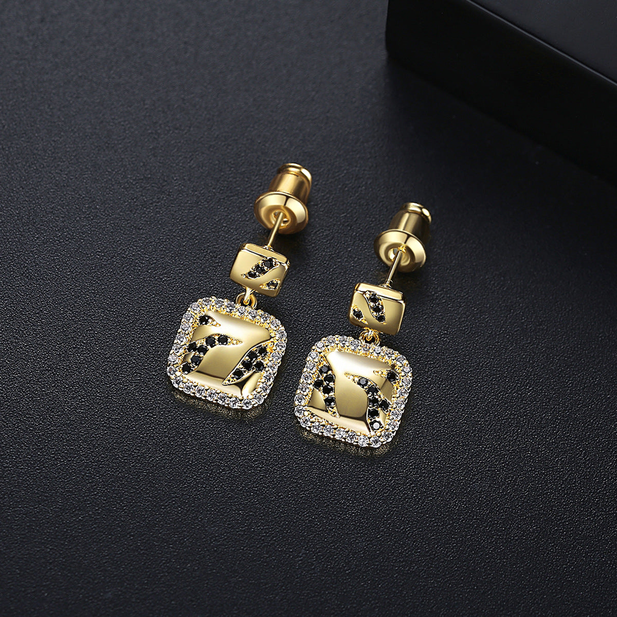 Black Cubic Zirconia and 18K Gold-Plated Halo Square Drop Earrings, gold drop earrings for women, detail close-up