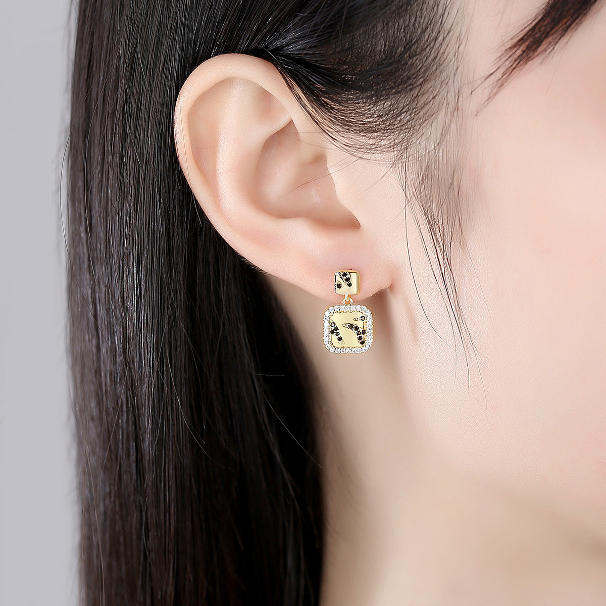 Black Cubic Zirconia and 18K Gold-Plated Halo Square Drop Earrings, gold drop earrings for women, lifestyle look