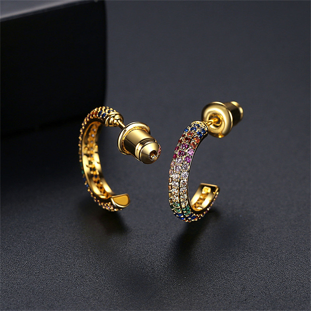 Pink and Green Rainbow Cubic Zirconia 18K Gold-Plated Huggie Earrings, gold huggie earrings, everyday style, side view