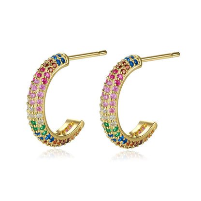 Pink and Green Rainbow Cubic Zirconia 18K Gold-Plated Huggie Earrings, gold huggie earrings, everyday style, front view