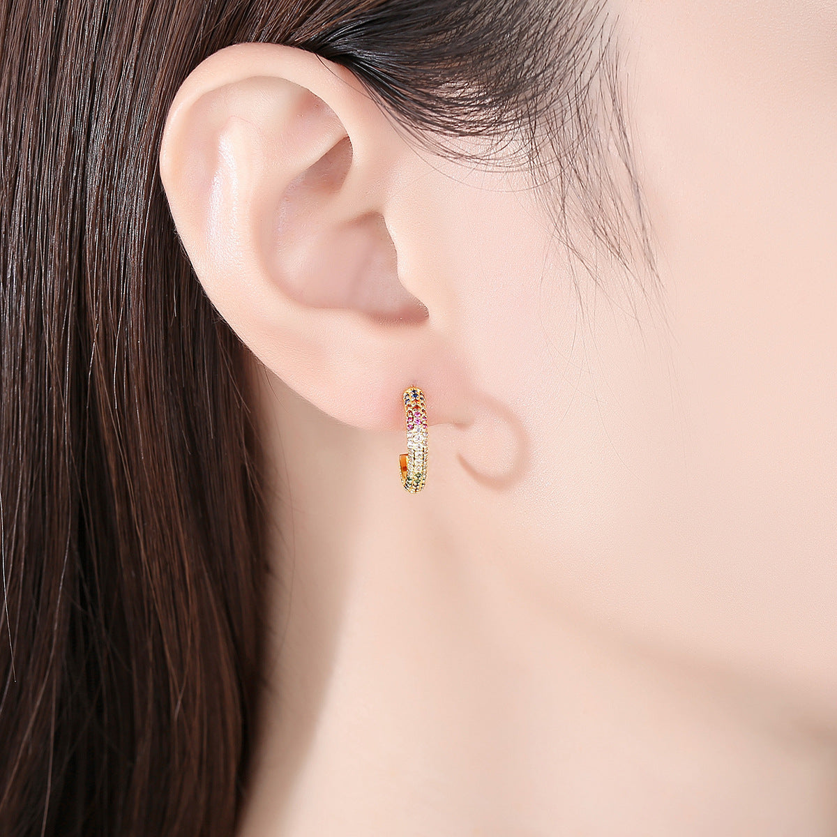 Pink and Green Rainbow Cubic Zirconia 18K Gold-Plated Huggie Earrings, gold huggie earrings, everyday style, detail close-up