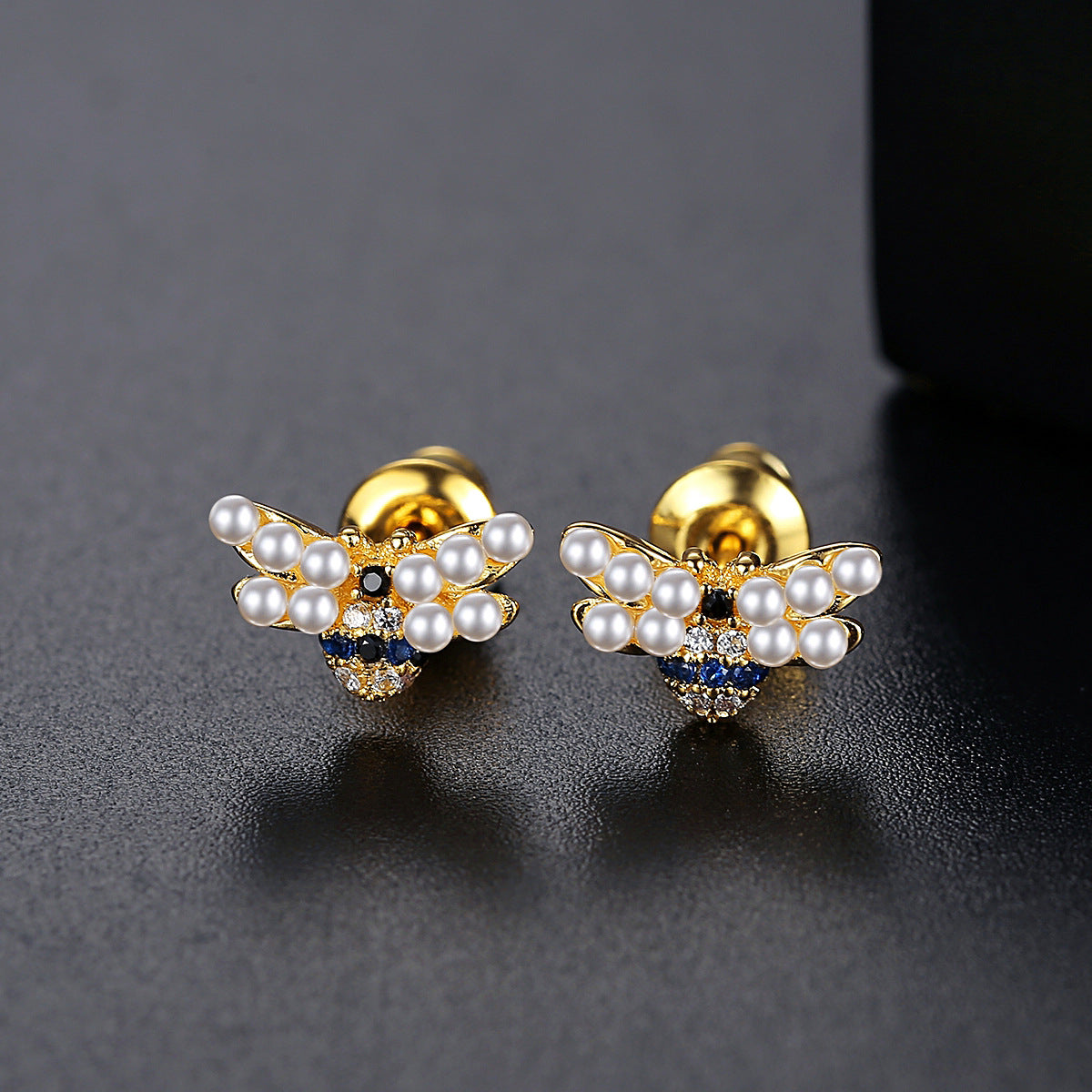 Pearl and Cubic Zirconia 18K Gold-Plated Bee Stud Earrings, gold stud earrings for women, botanical inspired, side view