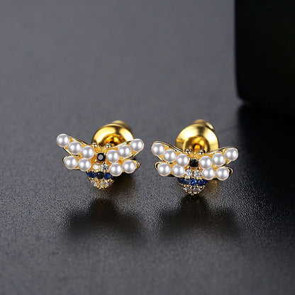 Pearl and Cubic Zirconia 18K Gold-Plated Bee Stud Earrings, gold stud earrings for women, botanical inspired, side view