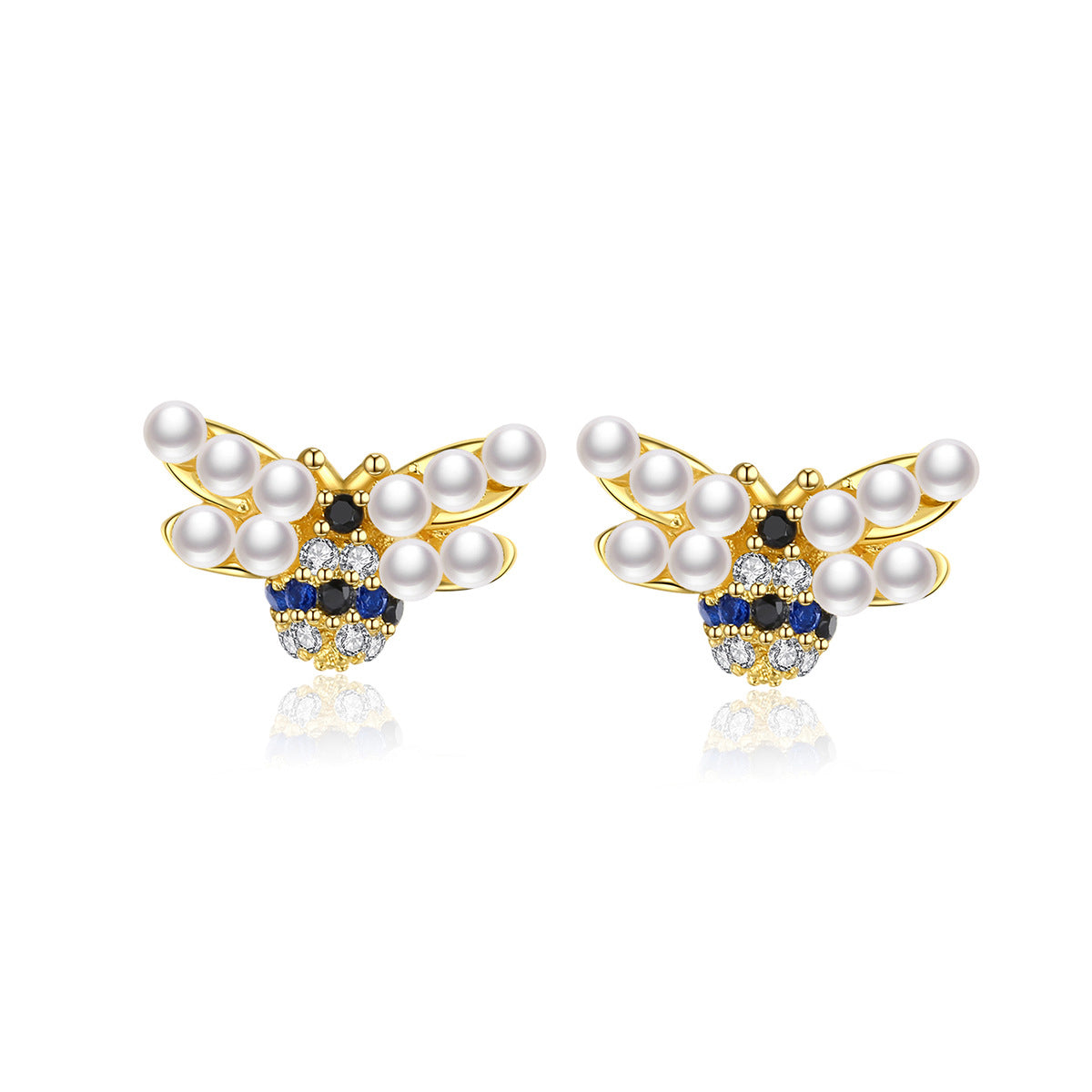 Pearl and Cubic Zirconia 18K Gold-Plated Bee Stud Earrings, gold stud earrings for women, botanical inspired, front view