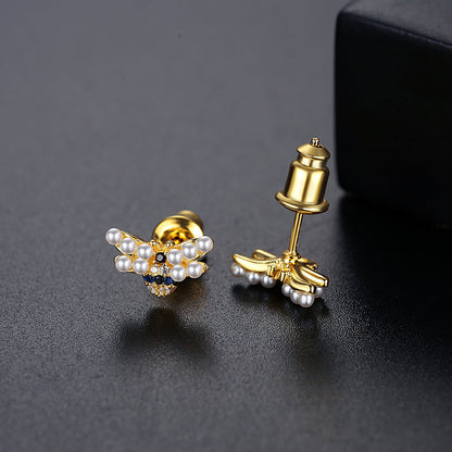 Pearl and Cubic Zirconia 18K Gold-Plated Bee Stud Earrings, gold stud earrings for women, botanical inspired, detail close-up