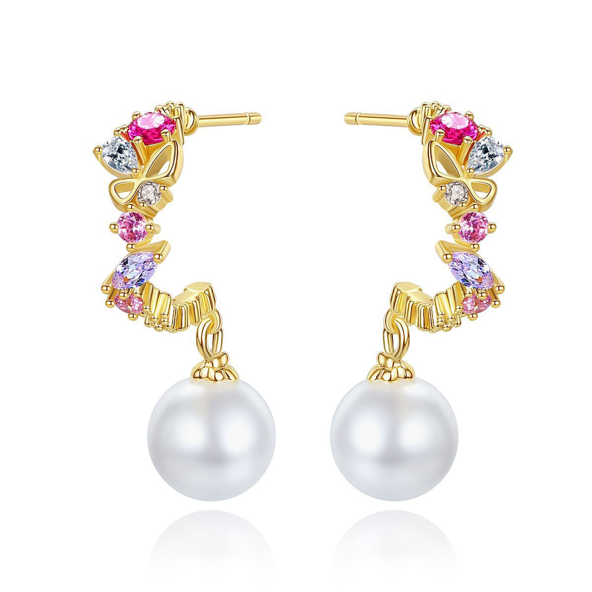 Cubic Zirconia and Pearl 18K Gold-Plated Butterfly Huggie Earrings, gold huggie earrings, vintage-inspired design, front view