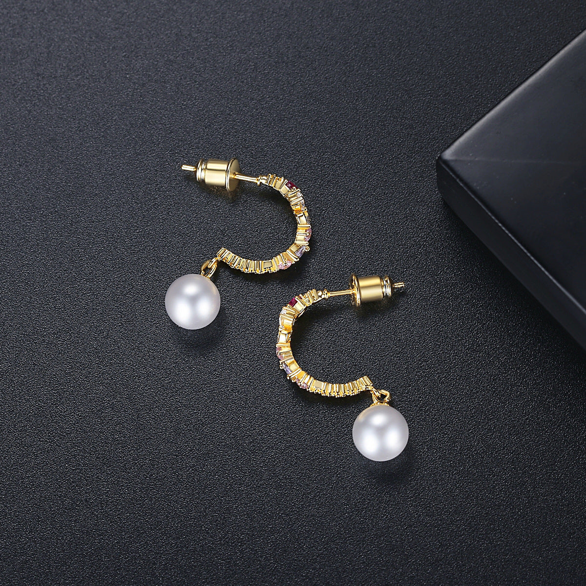 Cubic Zirconia and Pearl 18K Gold-Plated Butterfly Huggie Earrings, gold huggie earrings, detail close-up