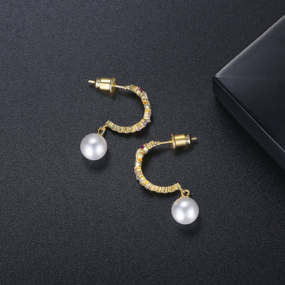 Cubic Zirconia and Pearl 18K Gold-Plated Butterfly Huggie Earrings, gold huggie earrings, detail close-up