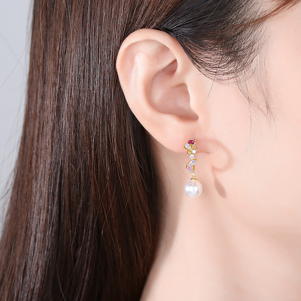 Cubic Zirconia and Pearl 18K Gold-Plated Butterfly Huggie Earrings, gold huggie earrings, lifestyle look