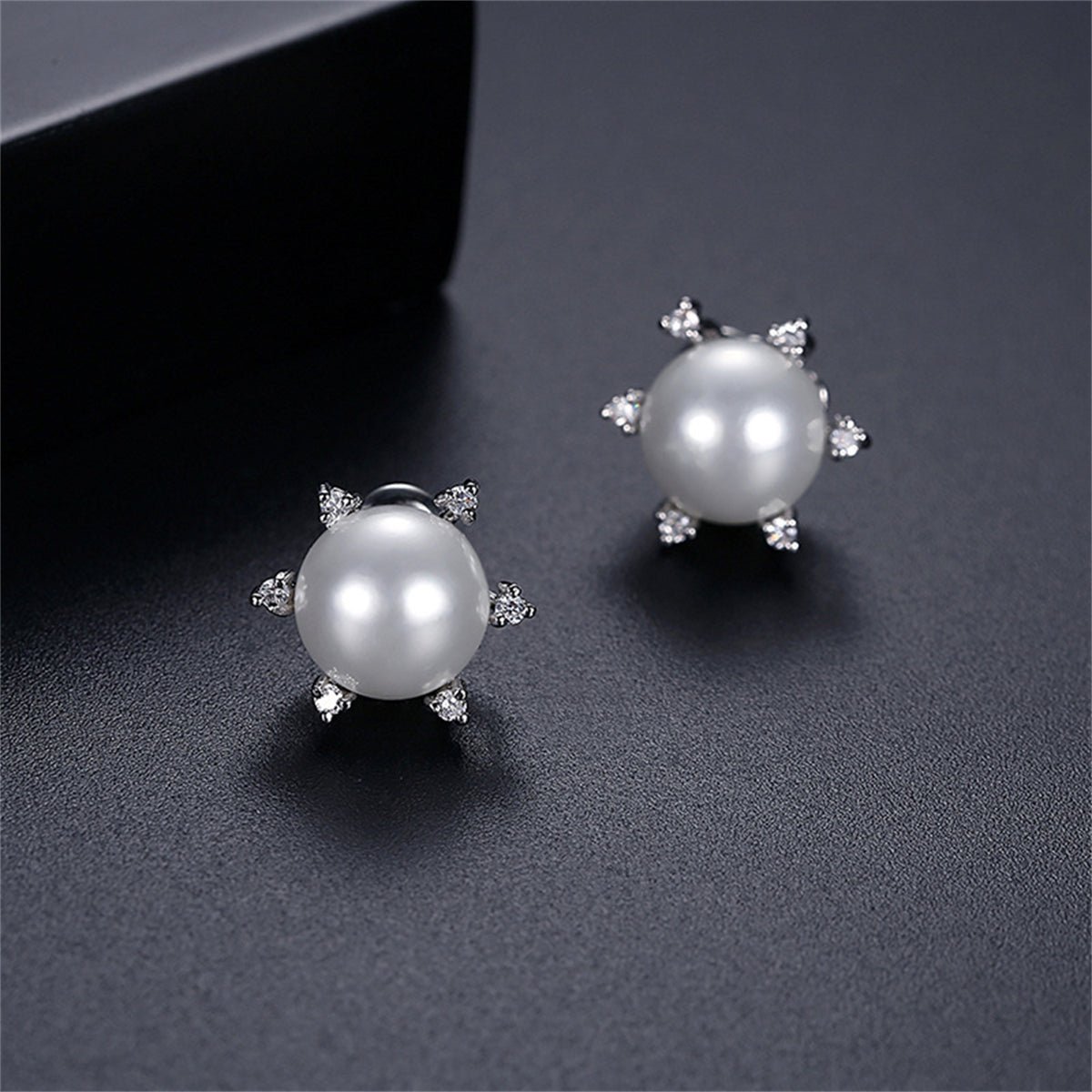 Cubic Zirconia and Pearl Silver-Plated Round Stud Earrings, silver stud earrings for women, elegant gift for her, front view
