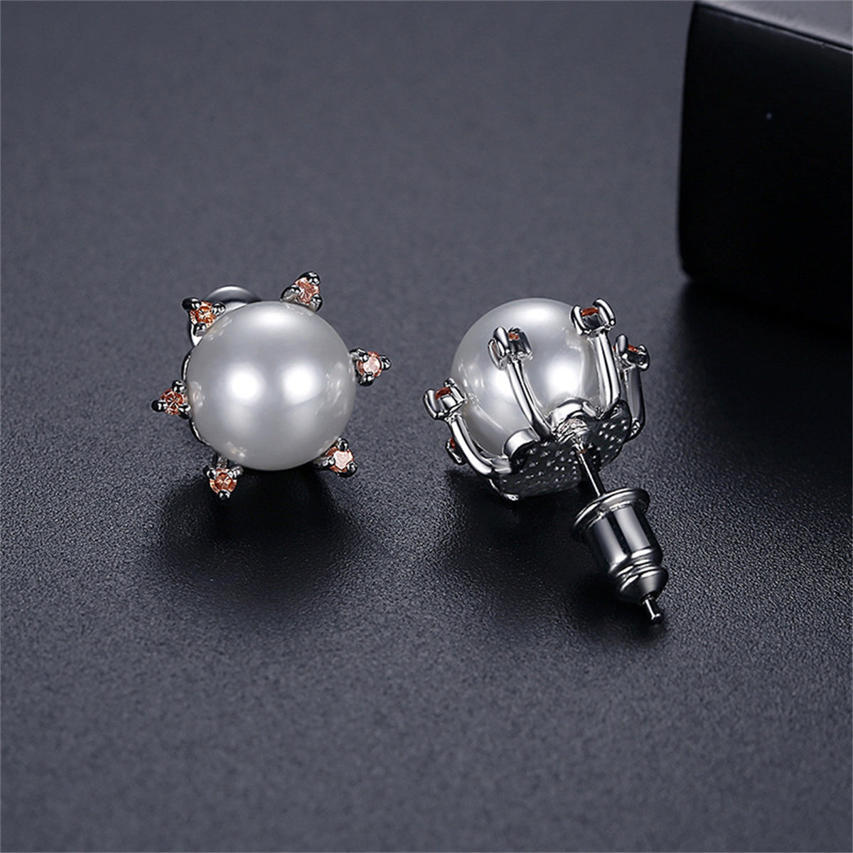 Yellow Cubic Zirconia and Pearl Silver-Plated Stud Earrings, silver stud earrings for women, everyday style, front view